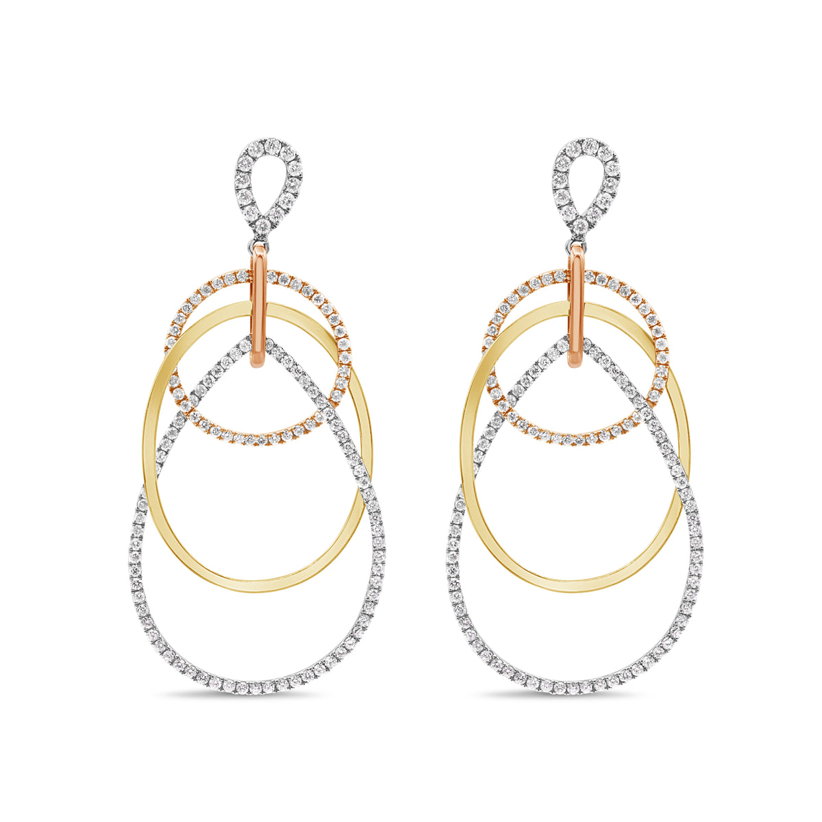 18K gold tri-color interlocking drop earrings featuring round brilliant cut diamonds totaling 3.00 CTW.