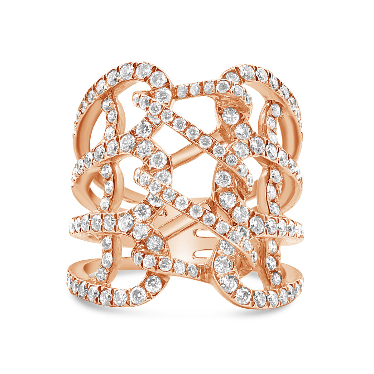 18K rose gold diamond corset ring featuring 135 round brilliant diamonds totaling 1.45 CTW.