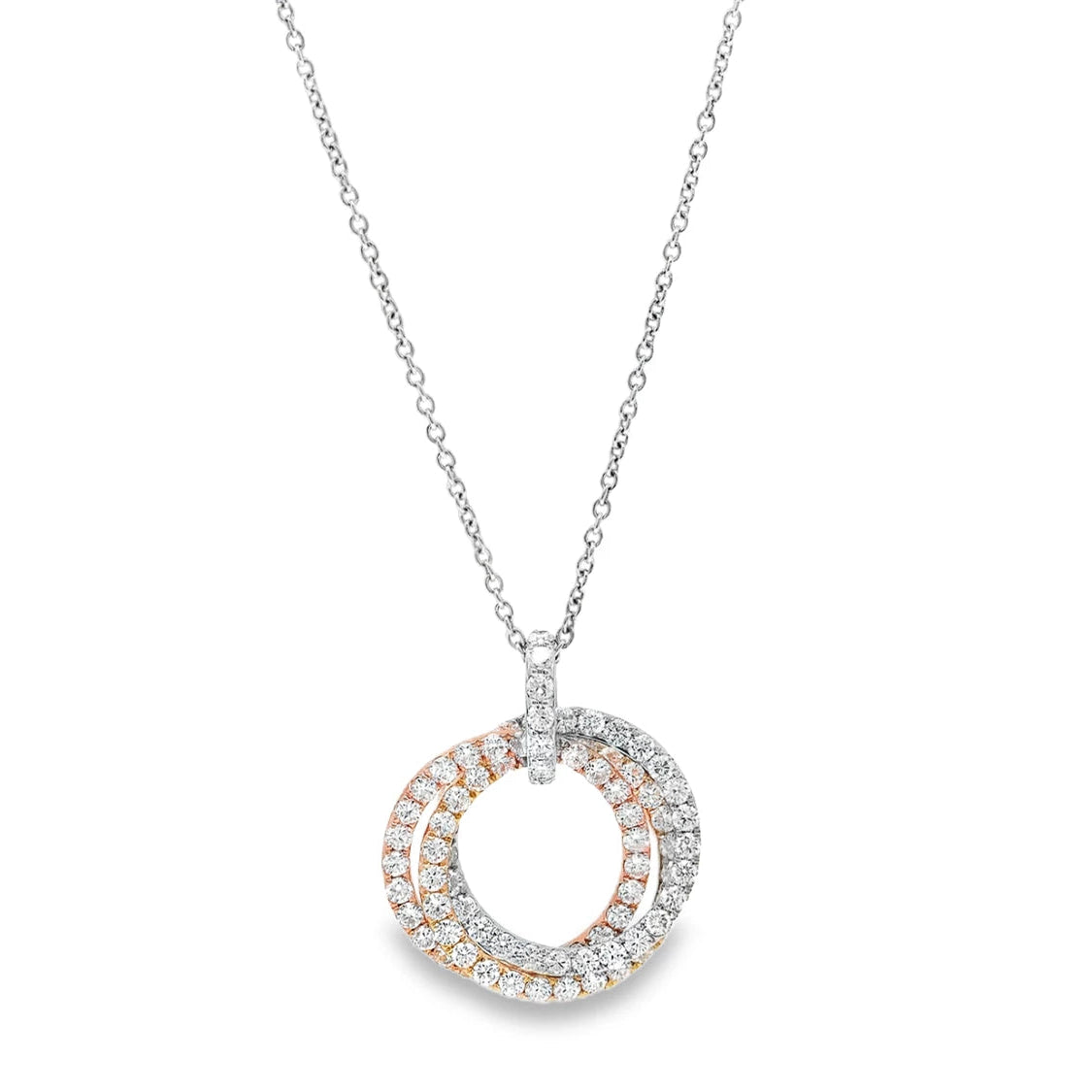 18K tri-color gold interlocking diamond pendant featuring sparkling diamonds across white, yellow, and rose gold circles in an elegant design.