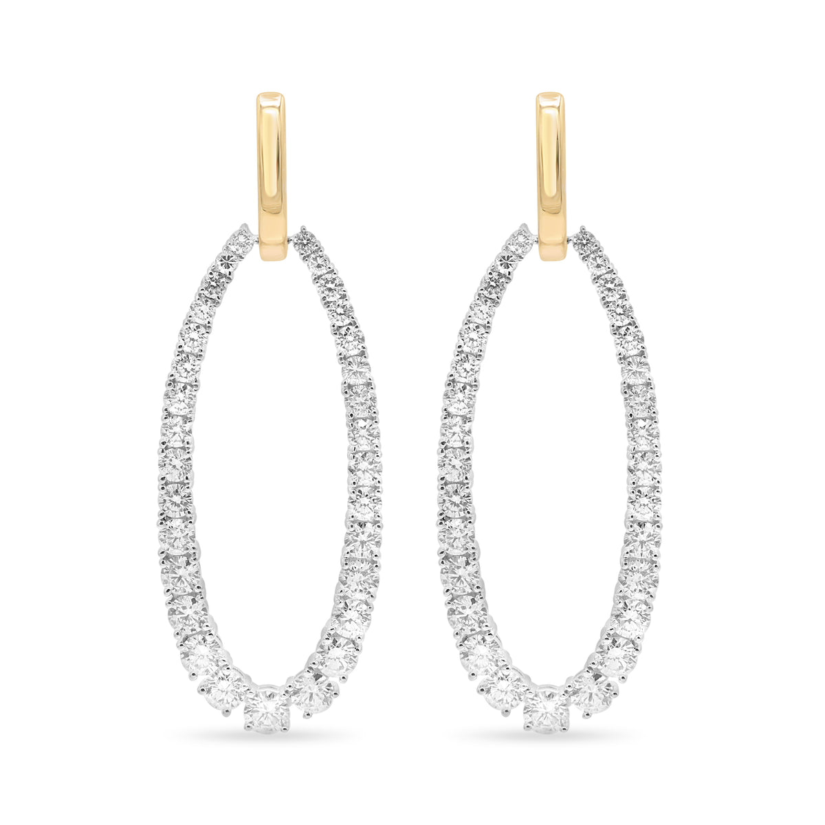 18K two-tone yellow and white gold double hoop earrings featuring 62 brilliant round diamonds totaling 3.60 CTW.