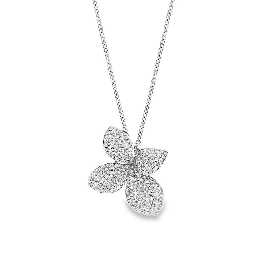 18K white gold diamond flower necklace featuring a pavé-set floral pendant with sparkling diamonds in an elegant design.