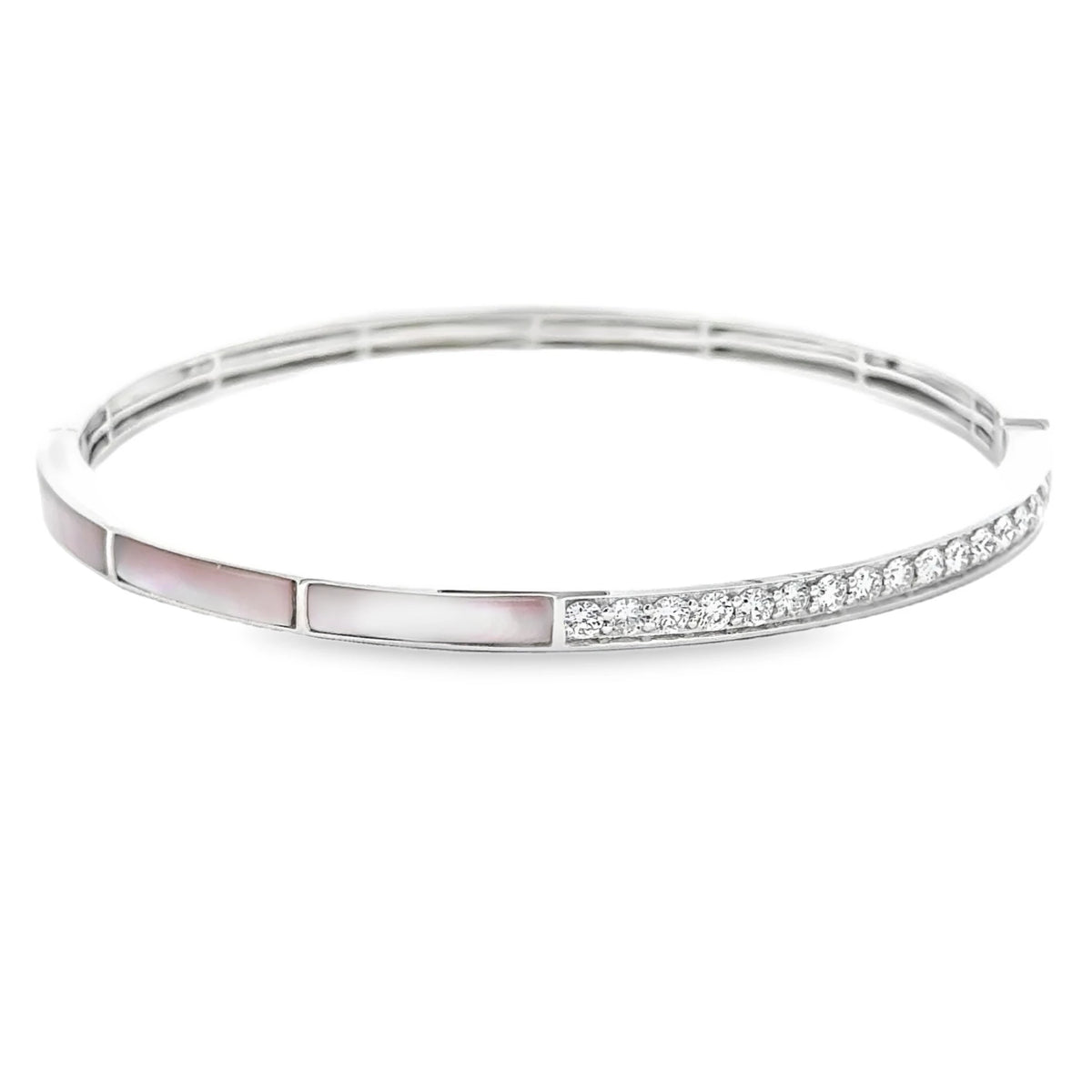 18K white gold bangle featuring approximately 0.70 carats of G-H color SI clarity diamonds with pink mother of pearl inlays.