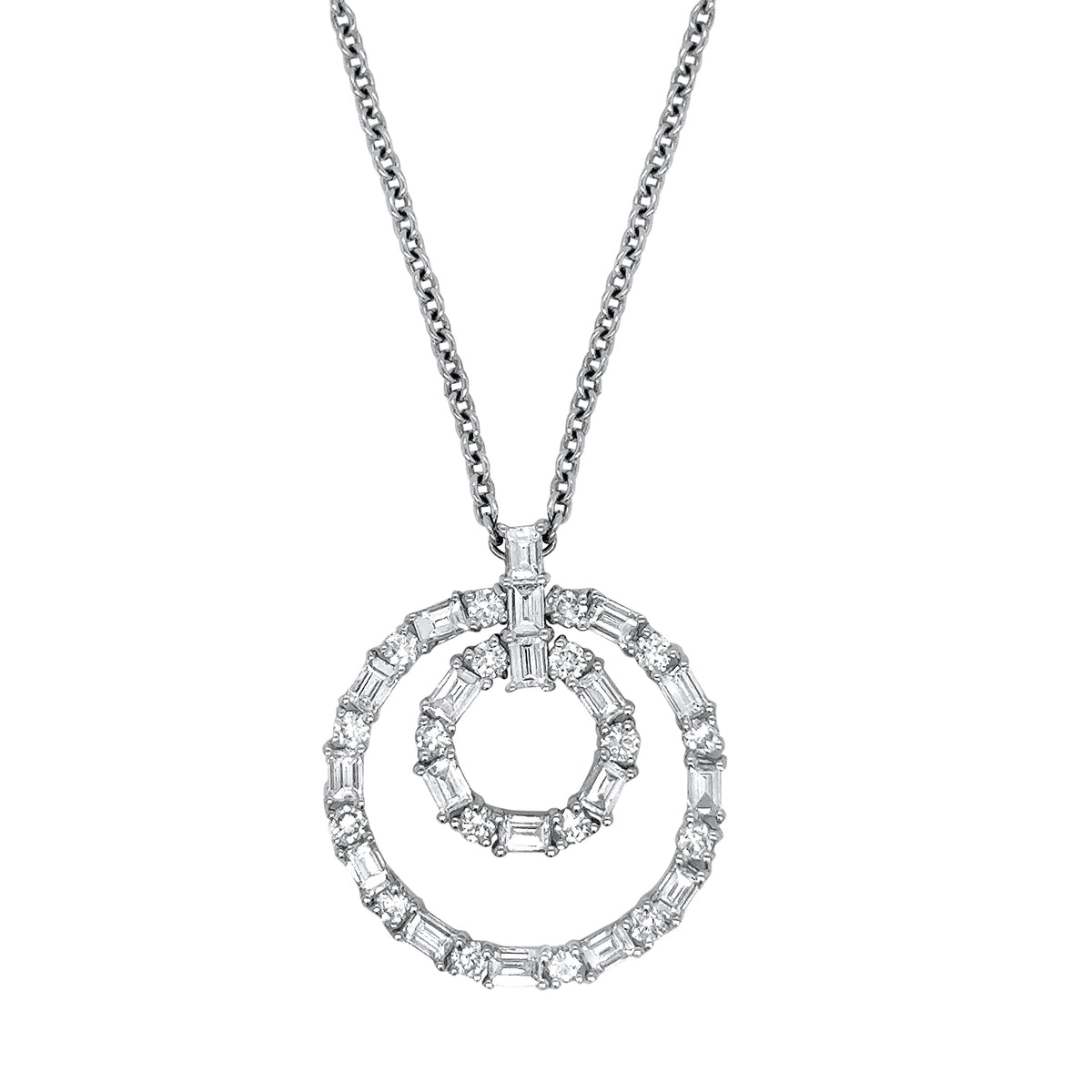 18K white gold double ring pendant featuring baguette and round brilliant diamonds totaling 1.83 carats.