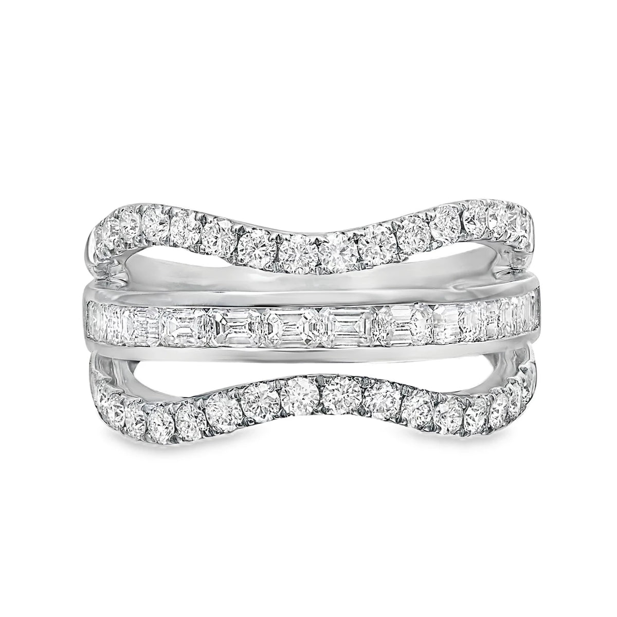 Emerald and round diamond wave ring crafted in 18K white gold with an elegant alternating pattern.