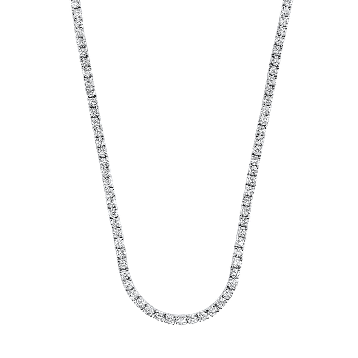 18K white gold tennis necklace featuring 168 round brilliant diamonds totaling 8.50 carats on a 17.5-inch chain.