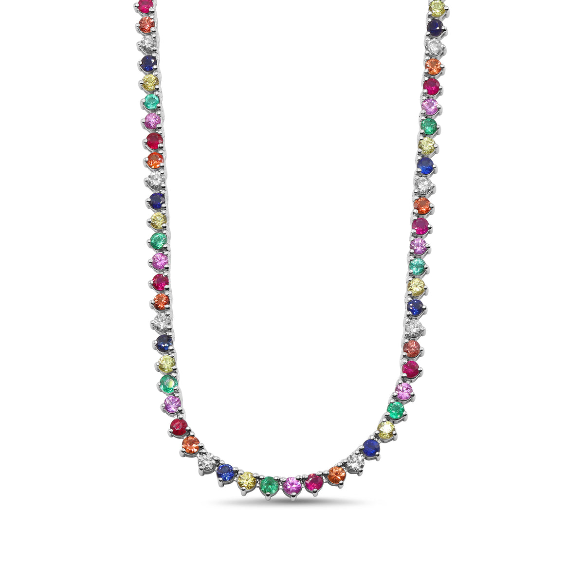 18K white gold tennis necklace featuring emeralds, pink emeralds, rubies, and multi-color sapphires totaling 2.84 CTW.