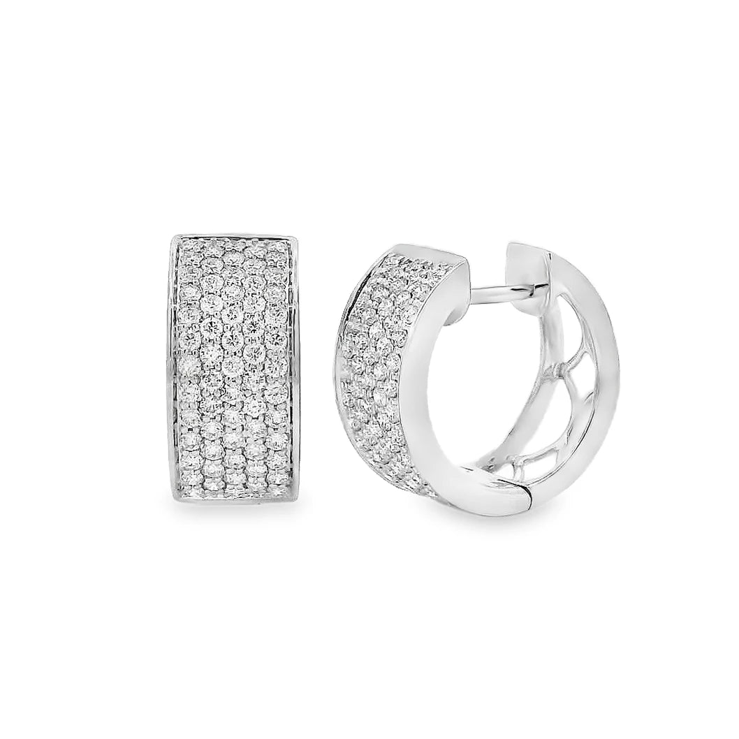 18K white gold hoop earrings featuring pavé diamonds with approximately 1.00 carat total weight for a refined look.