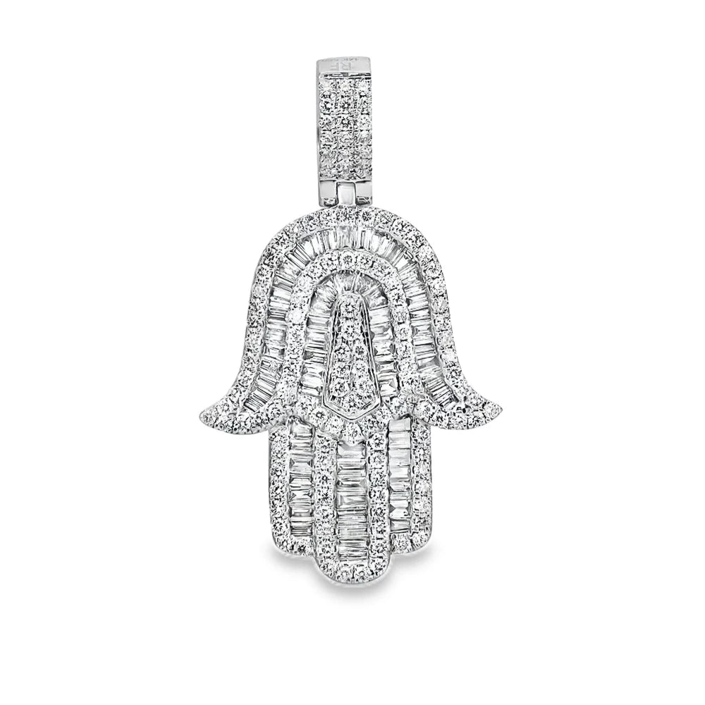 Elegant diamond Hamsa charm crafted in 18K white gold with mixed-cut diamond accents.