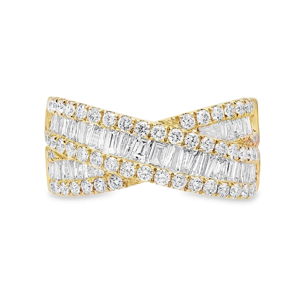 18K yellow gold statement ring featuring approximately 2.00 carats of G-H color VS-SI baguette and round diamonds.