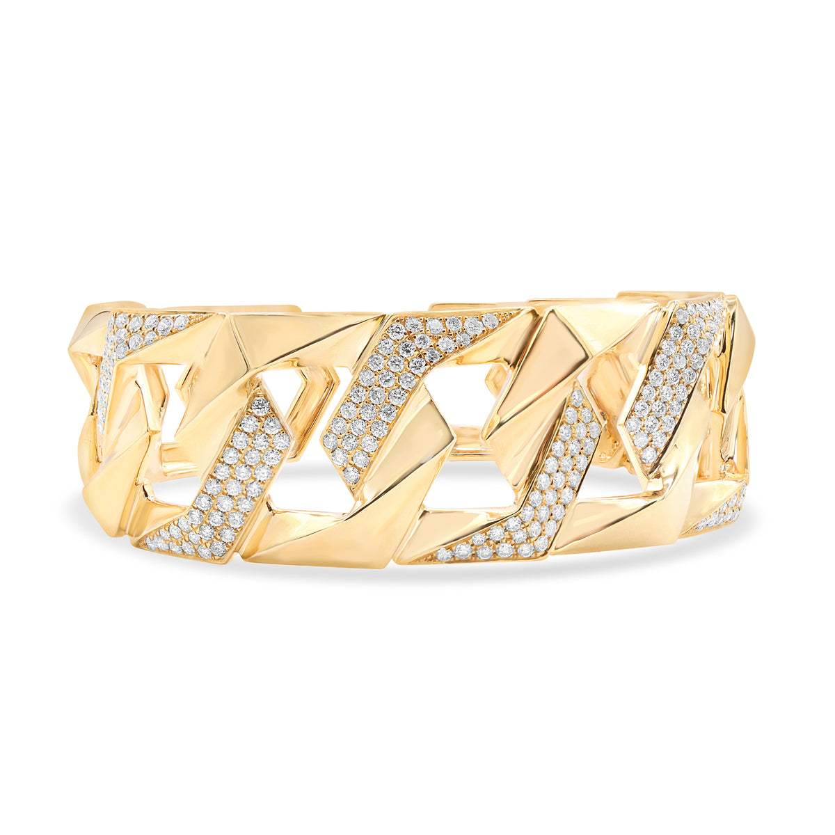 18K yellow gold Cuban-style link bangle featuring 198 round brilliant diamonds totaling 2.19 CTW in alternating pavé-set links.
