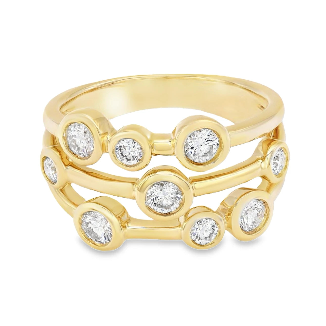 18K yellow gold ring featuring circular diamond motifs with approximately 0.60 carats total weight in a contemporary bubble design.