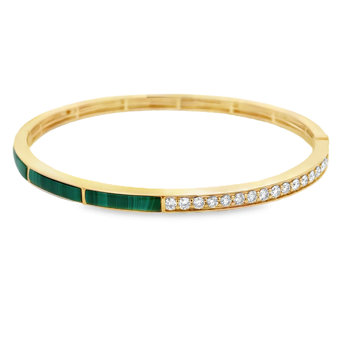 18K yellow gold bangle featuring approximately 0.70 carats of G-H color SI clarity diamonds with malachite inlays.