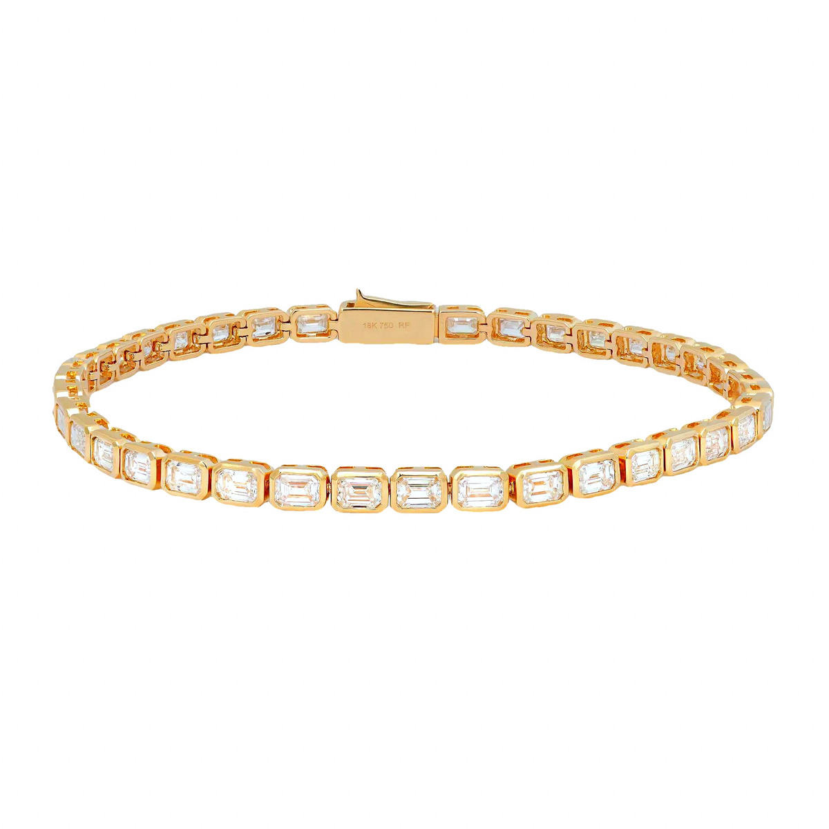 18K yellow gold bracelet featuring 5.71 carats of G-H color VS clarity emerald cut diamonds in an east-west bezel setting.