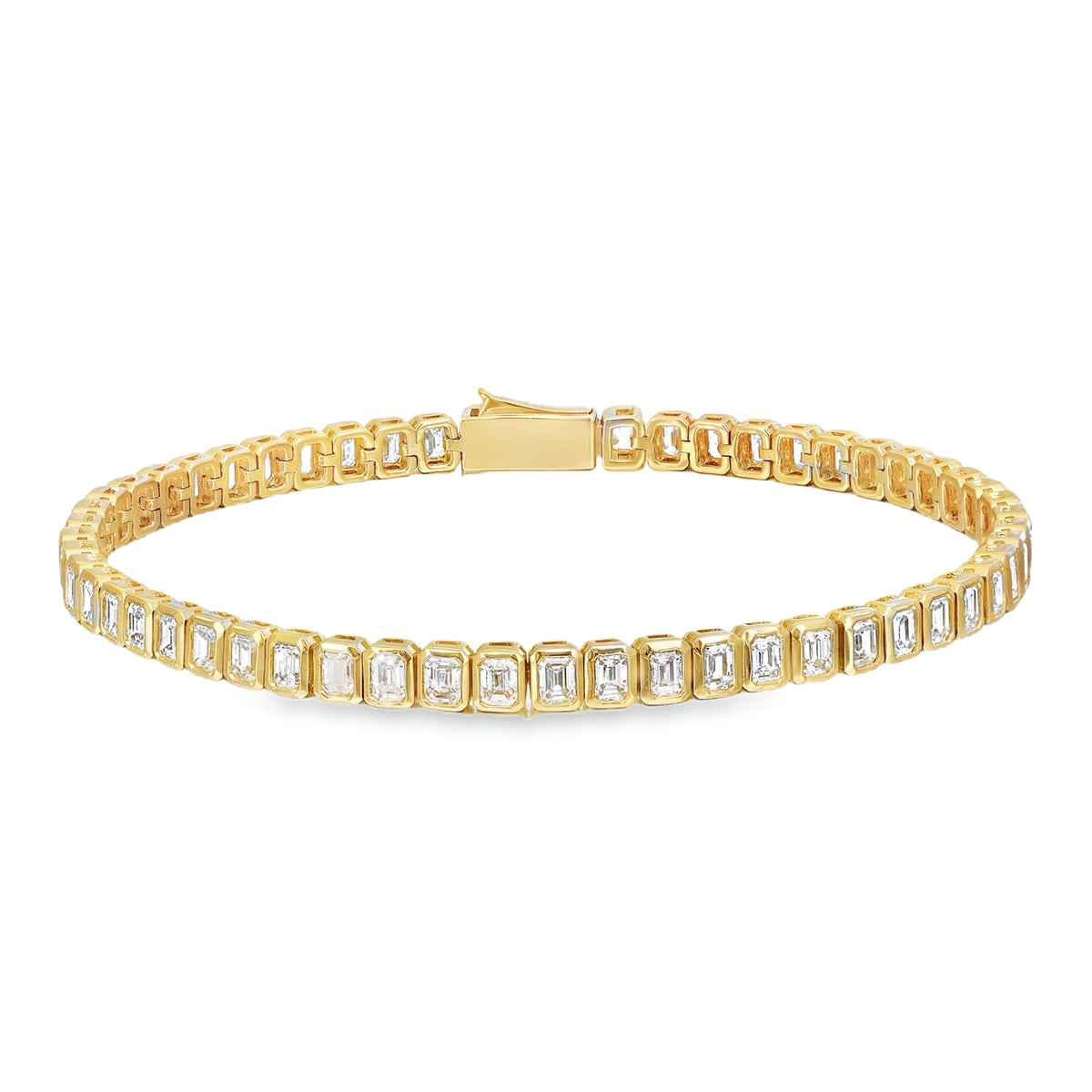18K yellow gold bracelet featuring 5.70 carats of G-H color VS clarity emerald cut diamonds in a sleek bezel setting.