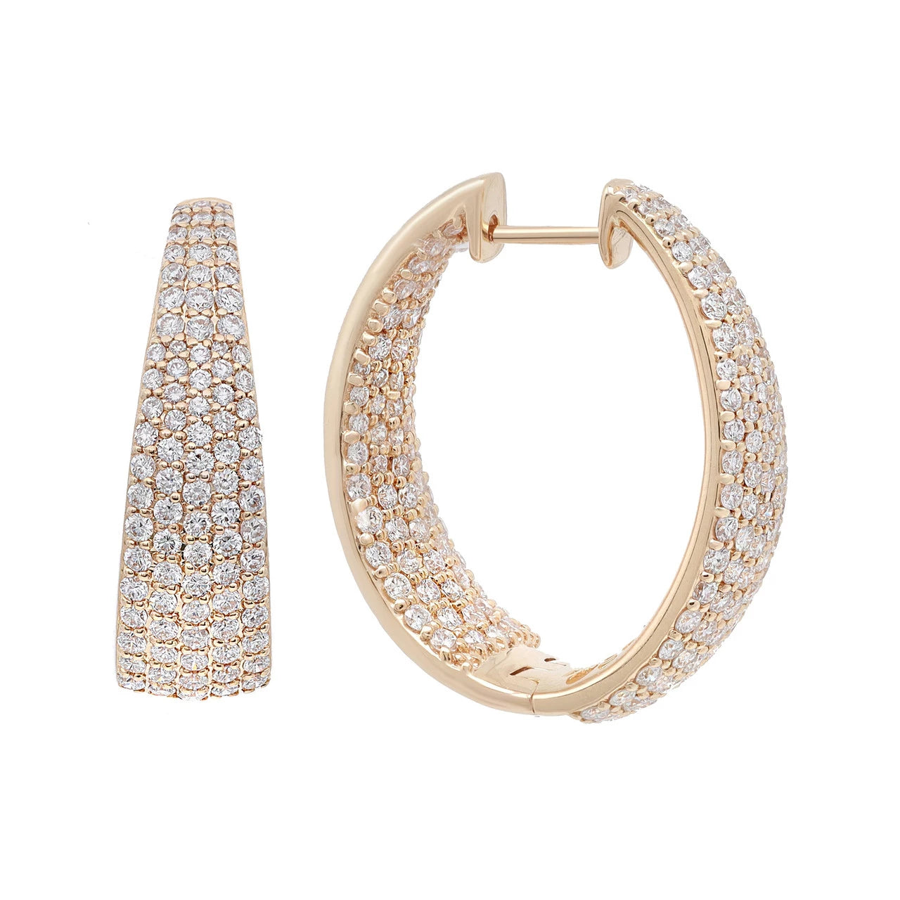 18K yellow gold graduated pavé diamond hoop earrings featuring sparkling pavé-set diamonds in a dimensional, elegant design.