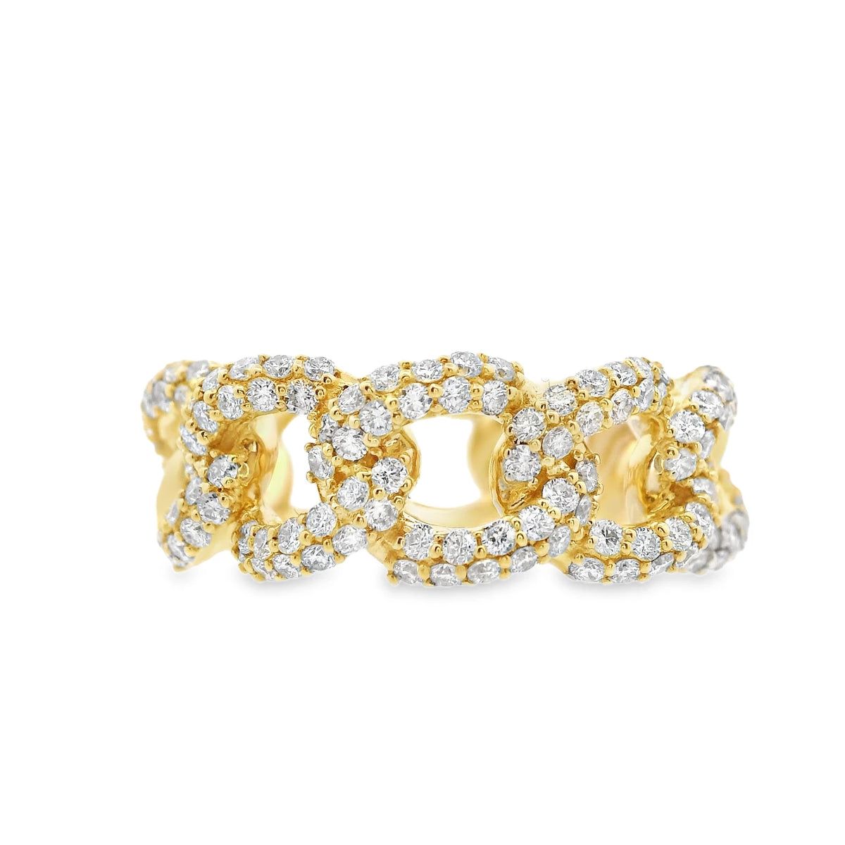 18K yellow gold link ring featuring approximately 1.00 carat of G-H color SI clarity pavé diamonds set halfway around the band.