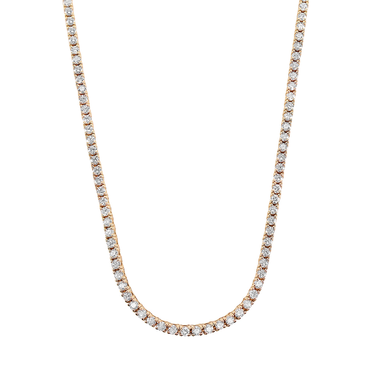 18K yellow gold petite tennis necklace featuring 205 round brilliant diamonds totaling 3.56 carats on a 16.5-inch chain.