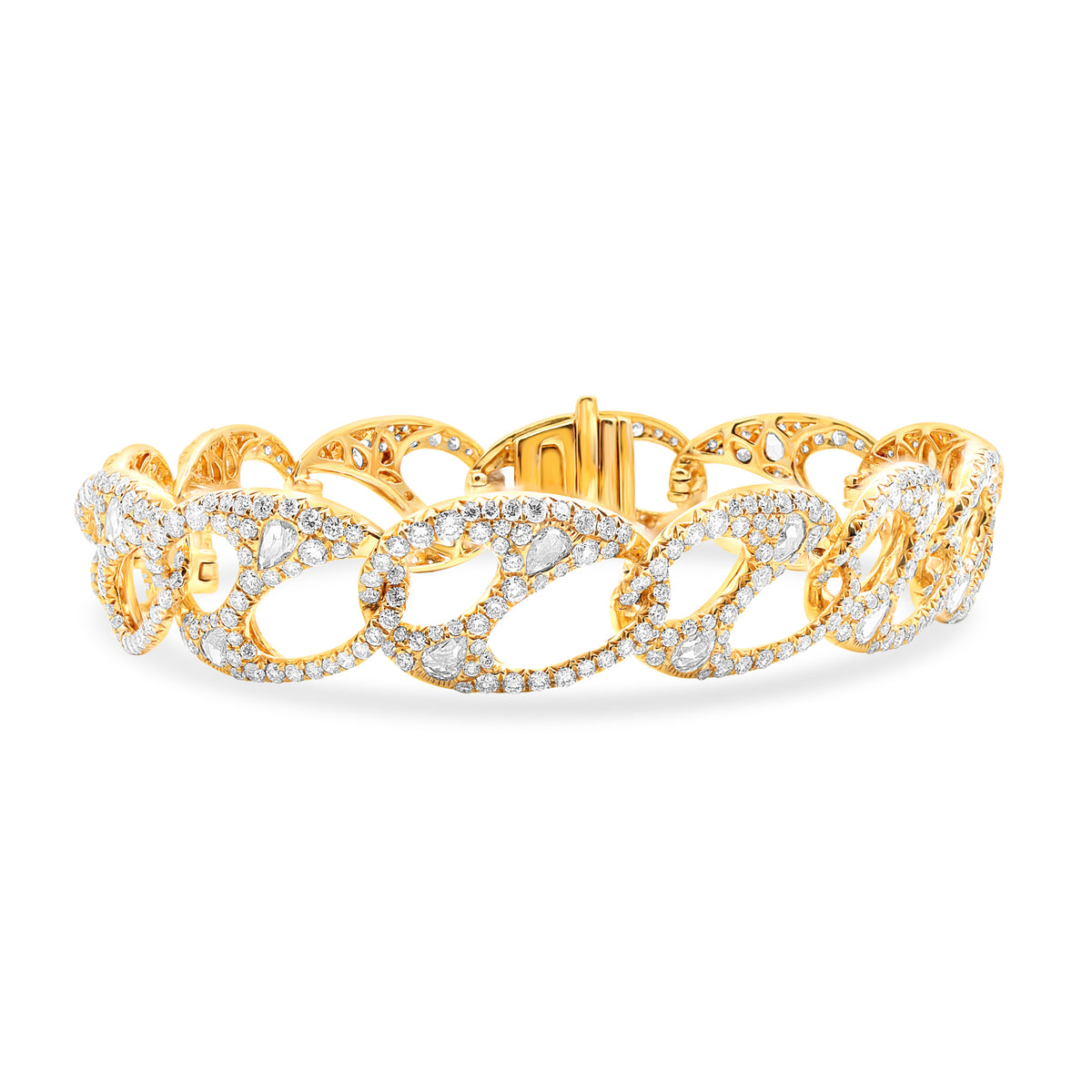 18K yellow gold diamond bracelet featuring 24 rose cut diamonds totaling 1.66 carats and 558 brilliant round diamonds totaling 5.06 carats.