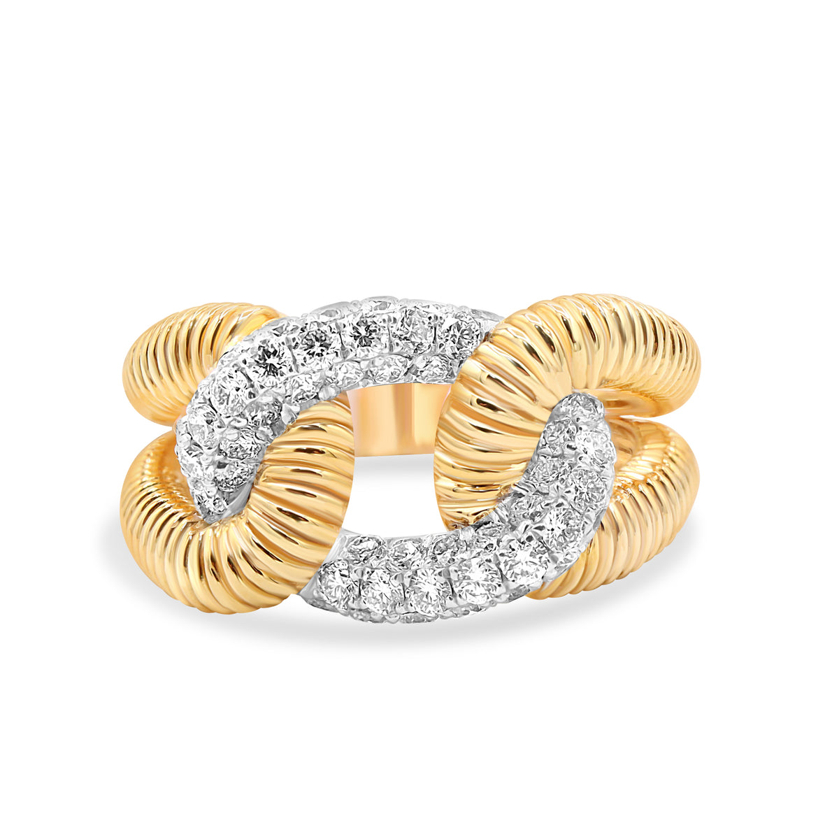 18K yellow and white gold chain ring featuring 52 round brilliant diamonds totaling 1.08 CTW with pavé detailing.