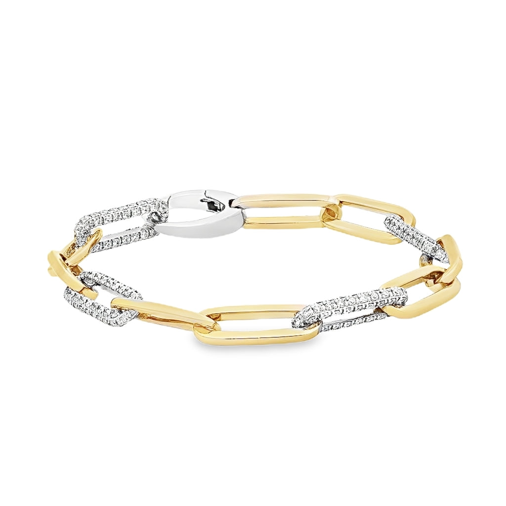 18K yellow and white gold link bracelet featuring approximately 2.00 carats of G-H color SI clarity diamonds.