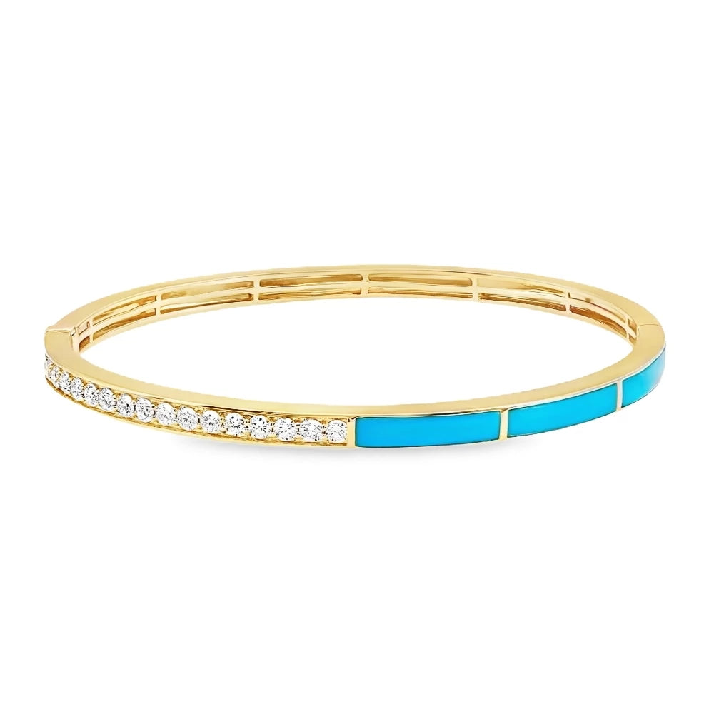18K yellow and white gold bangle featuring approximately 0.50 carats of G-H color SI clarity diamonds with vibrant turquoise inlays.