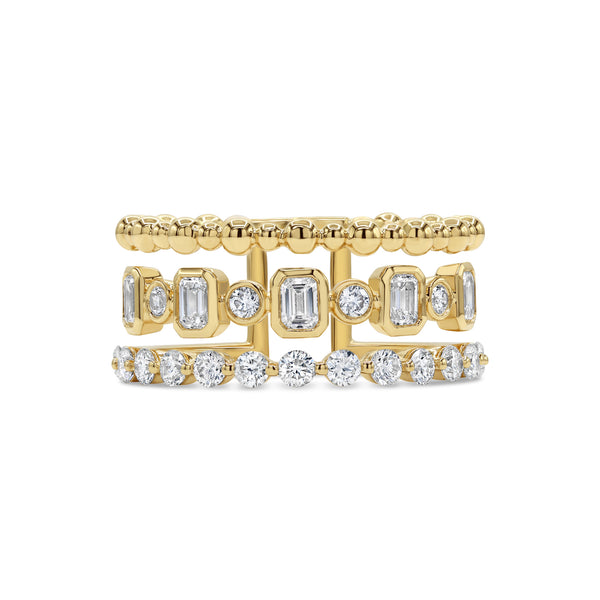 Three Row Emerald Cut and Round Diamond Ring