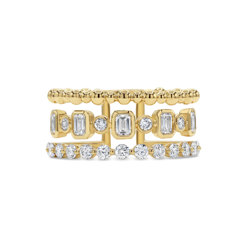 Three Row Emerald Cut and Round Diamond Ring