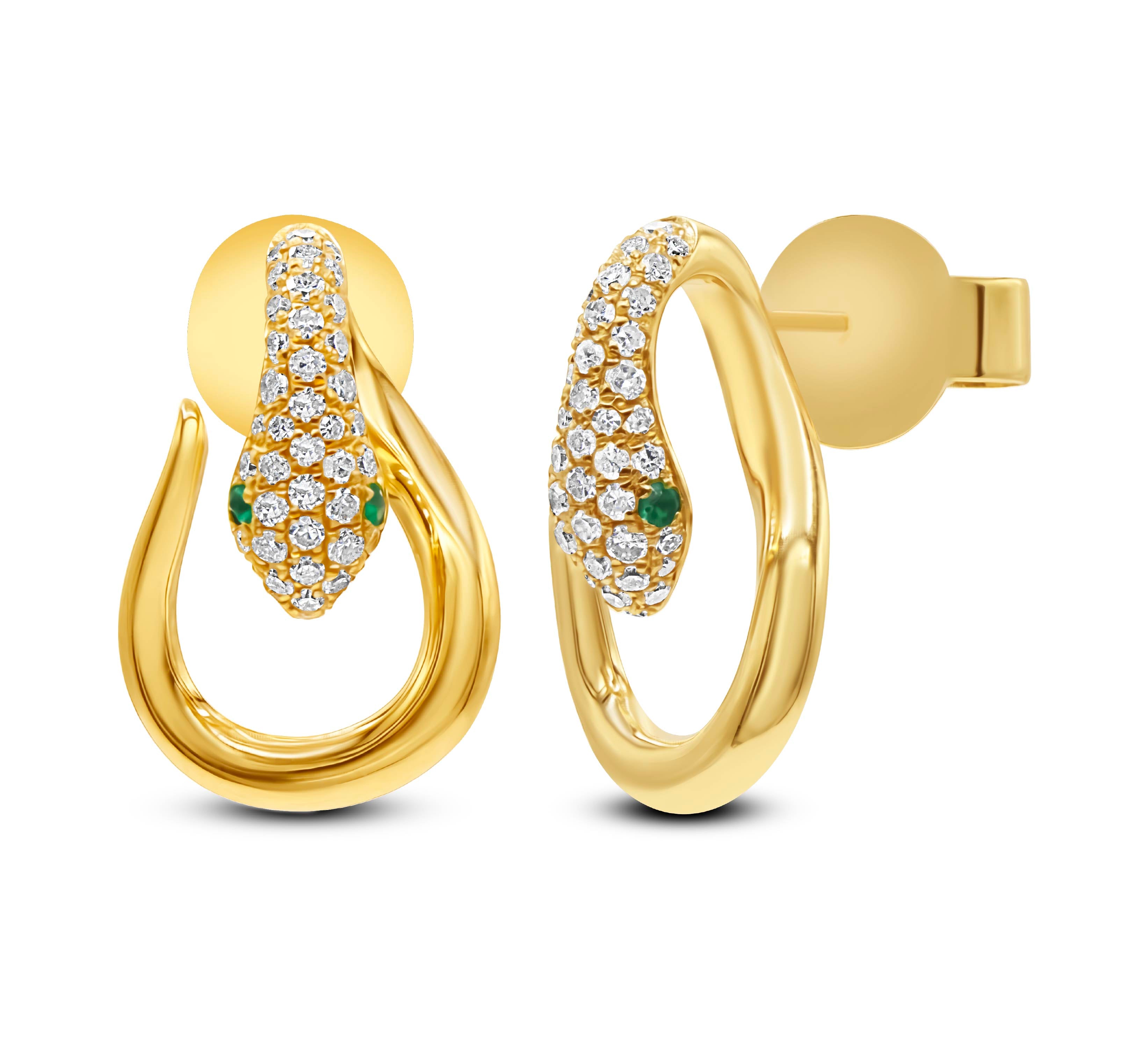 Diamond and Green Emerald Snake Earrings