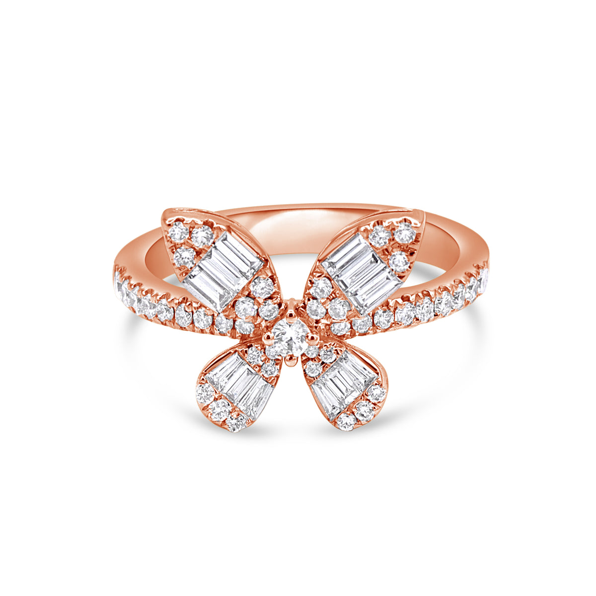 A rose gold ring designed in the shape of a butterfly, with round and baguette cut diamonds covering the top.