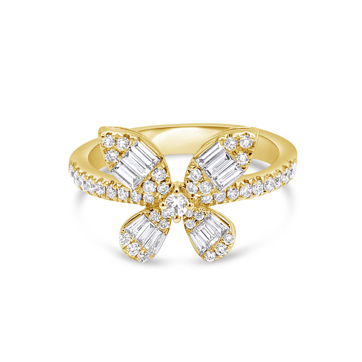 A yellow gold ring designed in the shape of a butterfly, with round and baguette cut diamonds covering the top.
