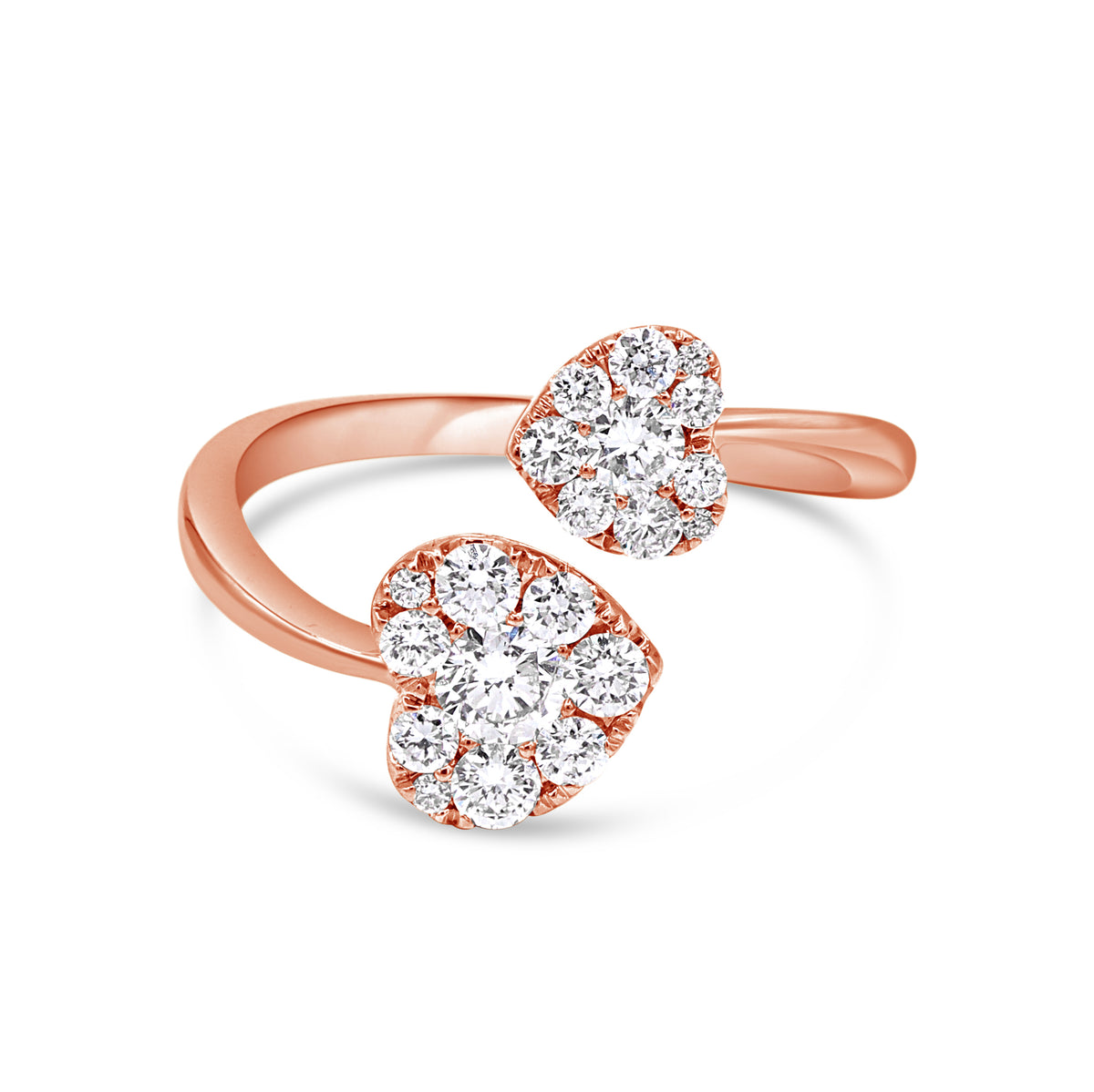 A rose gold ring with two heart-shaped main stones, surrounded by smaller round stones.