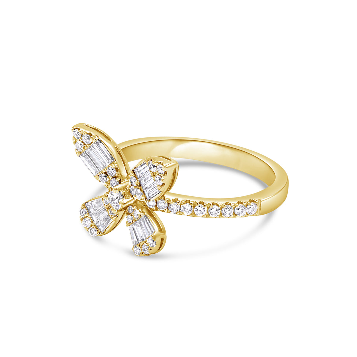 A yellow gold ring designed in the shape of a butterfly, with round and baguette cut diamonds covering the top.