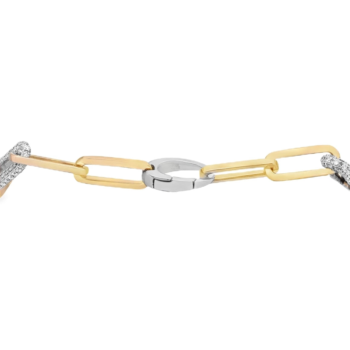 18K two-tone diamond paperclip link necklace featuring yellow and white gold links accented with sparkling diamonds in a modern design.