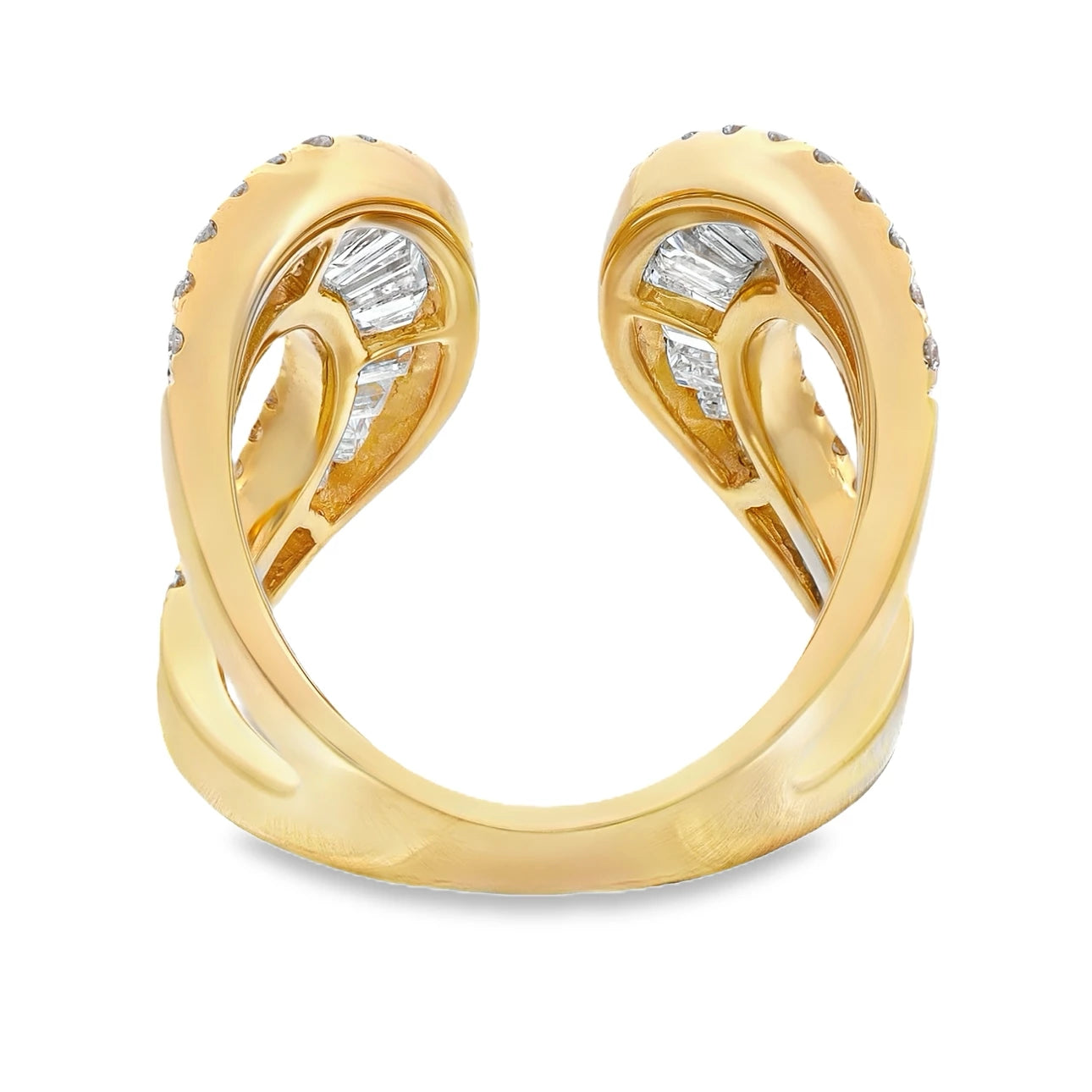 18K yellow gold round and baguette diamond intertwining ring featuring mixed-cut diamonds in a bold statement design.