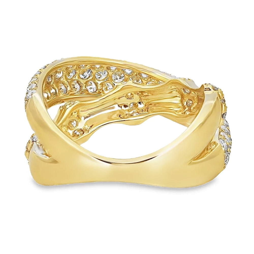 Modern 18K yellow gold crossover ring featuring approximately 1.70 carats of G-H SI clarity diamonds in a bamboo-inspired design.