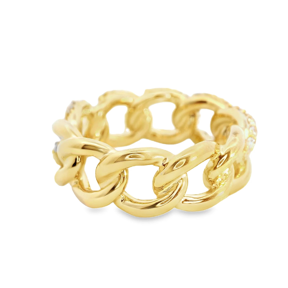 18K yellow gold pavé diamond link ring with a bold and modern design.