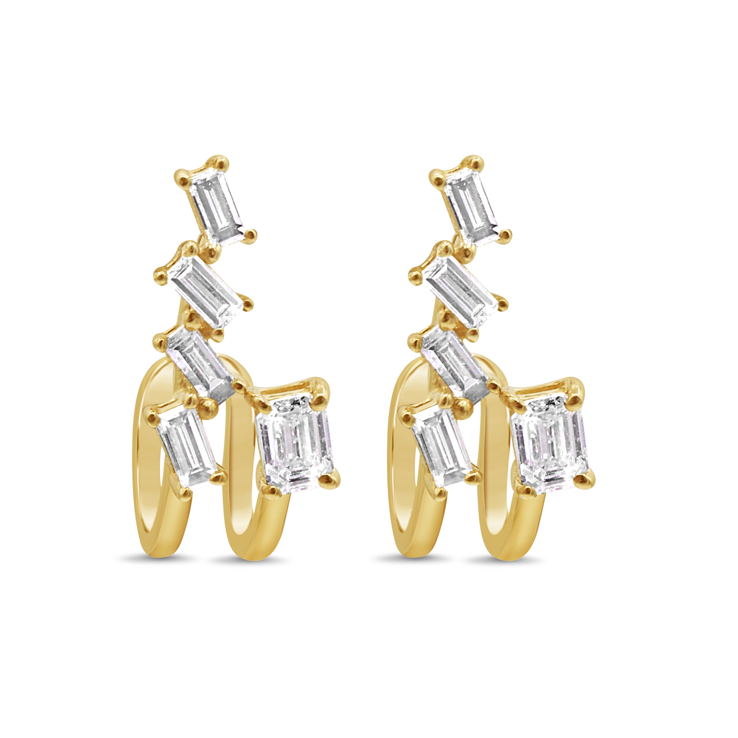 14K yellow gold drop earrings featuring baguette and emerald cut diamonds in an elegant waterfall-inspired design.