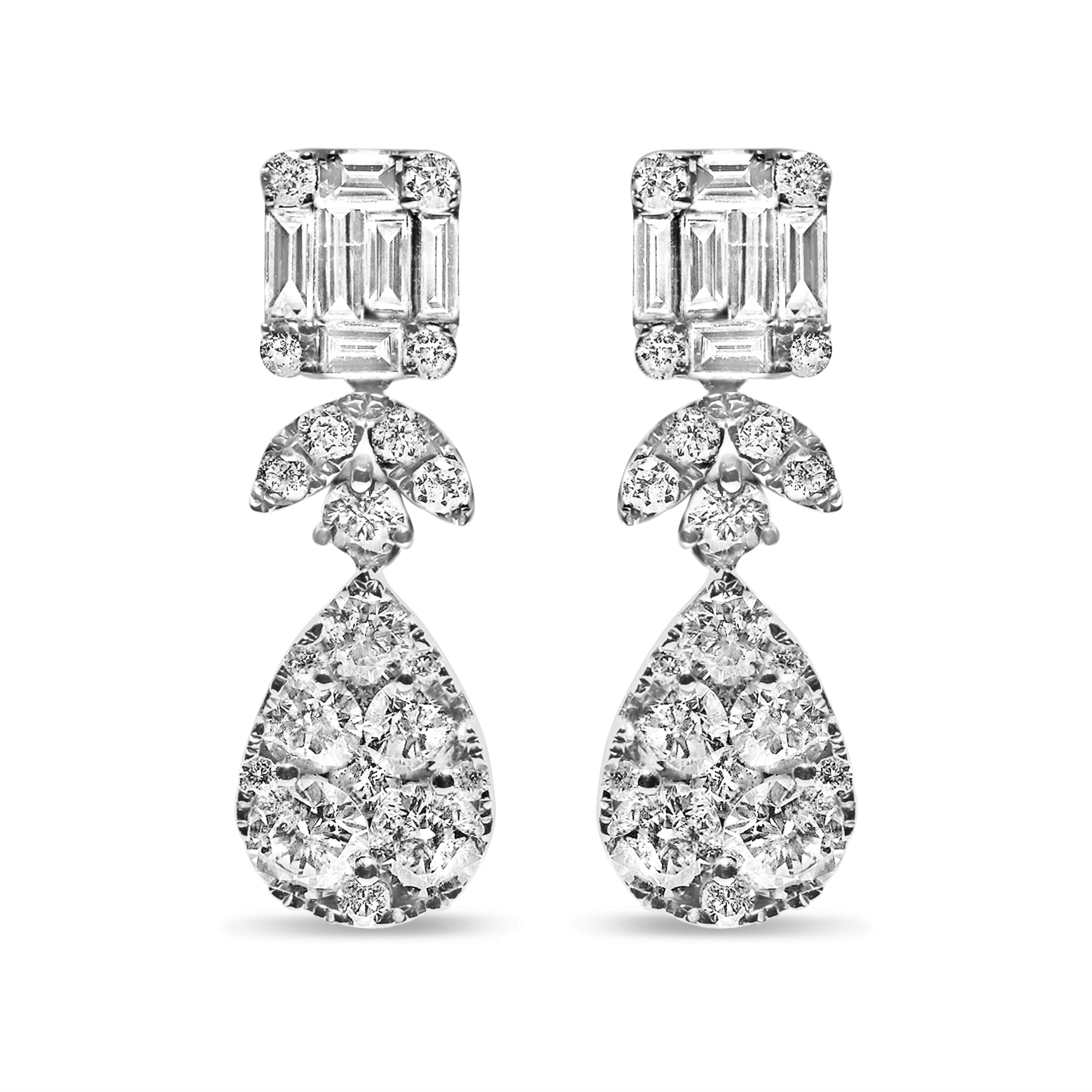 14K white gold earrings featuring baguette and round diamonds in a sparkling cluster design.