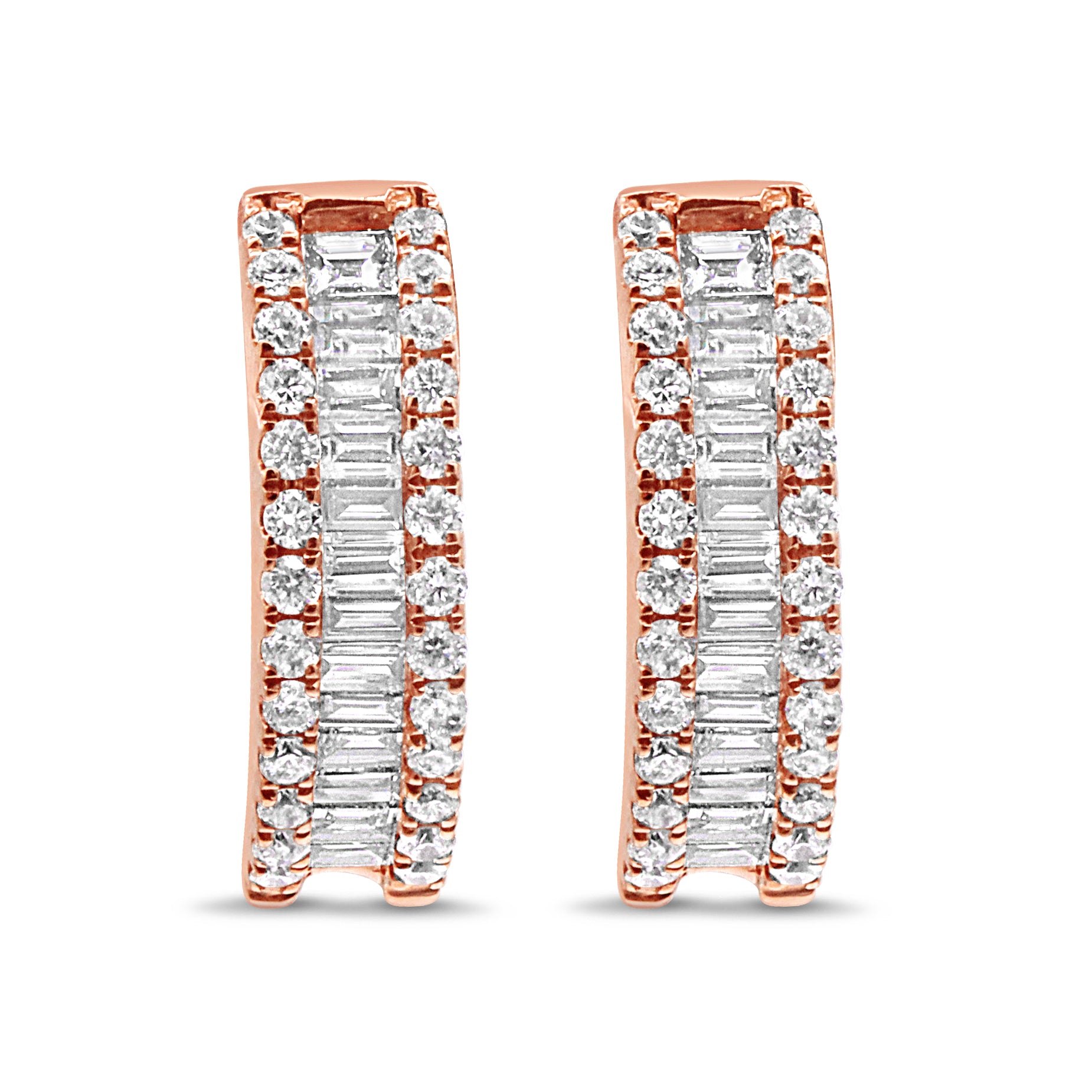 14K rose gold huggie earrings featuring baguette and round brilliant diamonds in an alternating modern design.