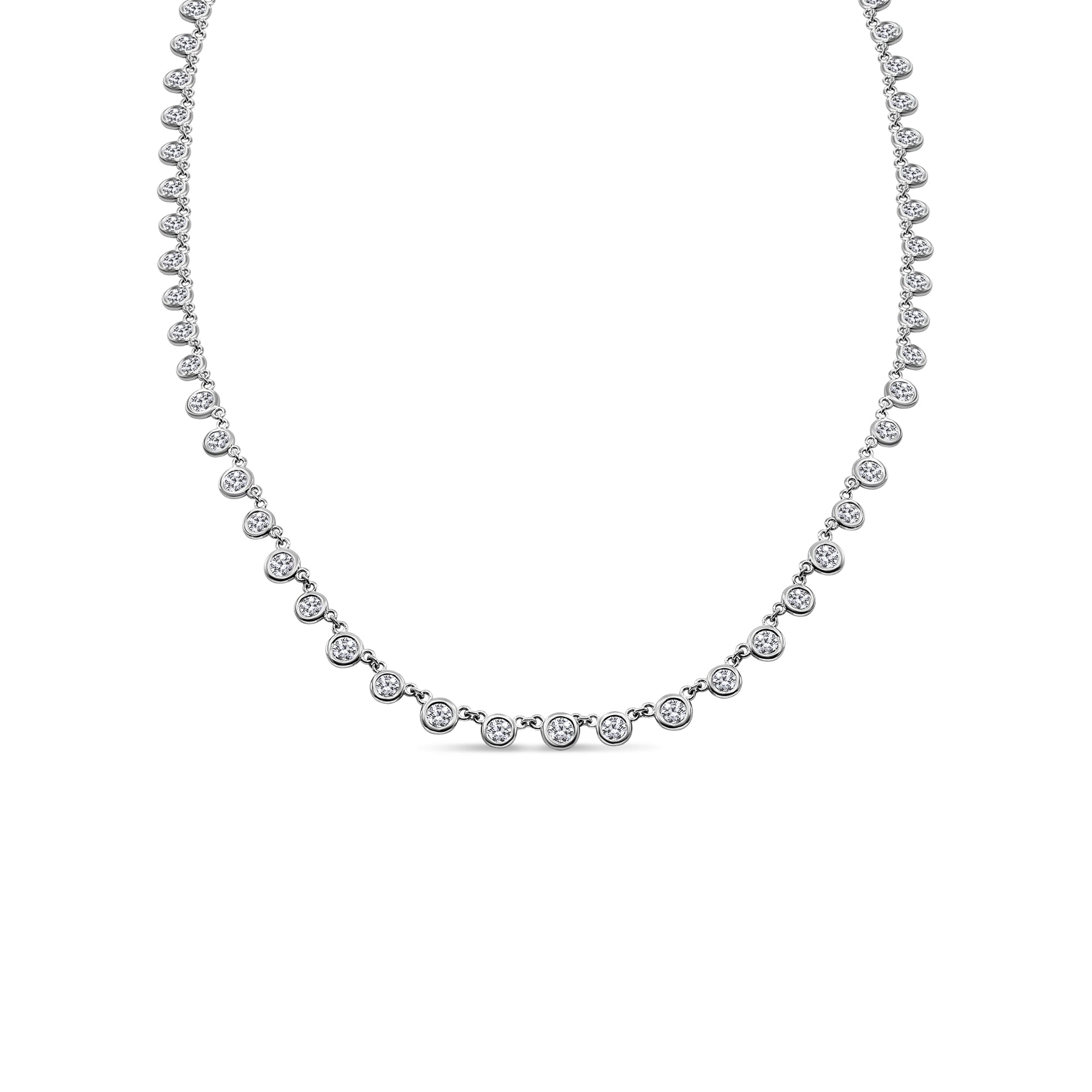 Bezel-set diamond necklace in 14K gold featuring 45 round diamonds totaling 4.55 carats in a modern, elegant design.