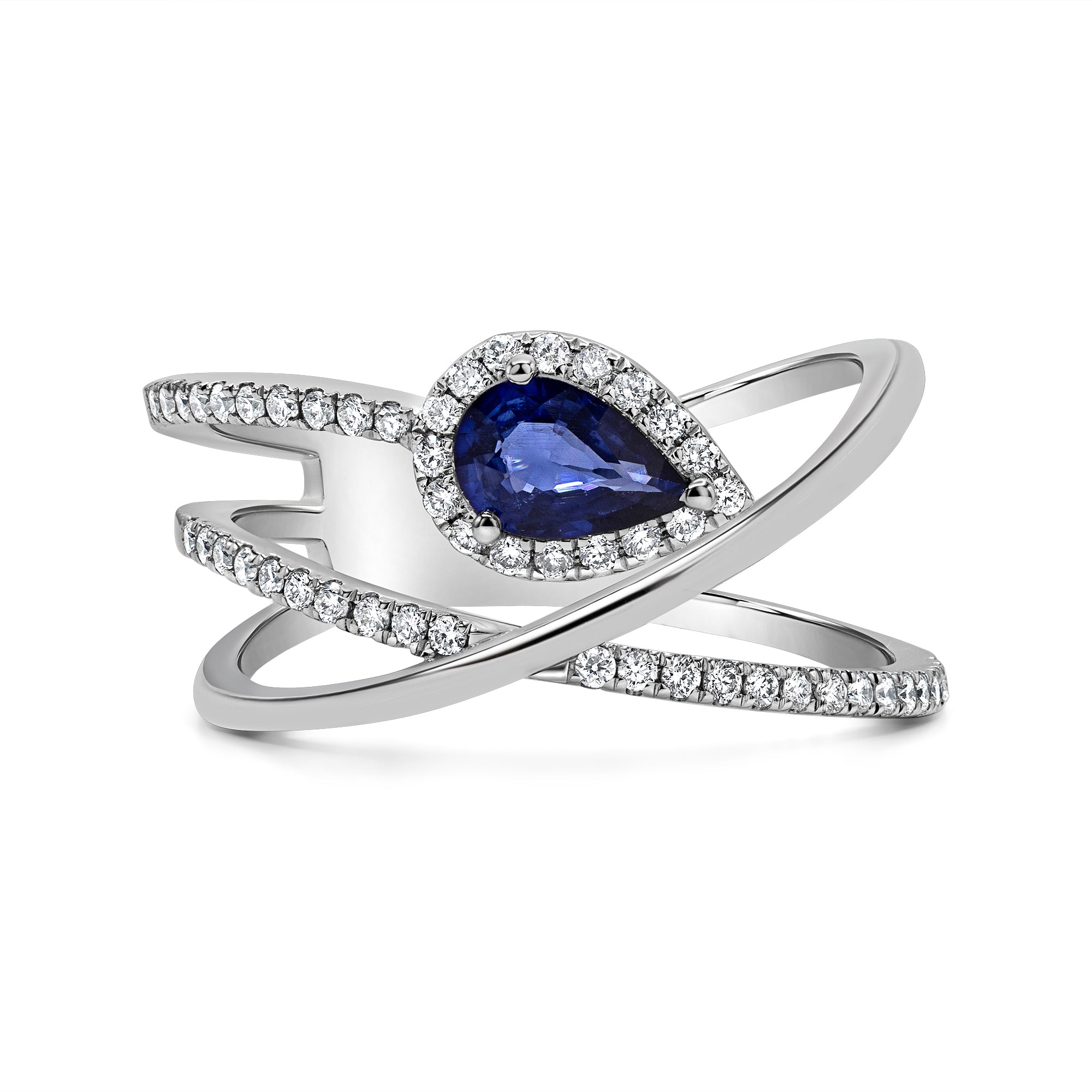 14K gold X crossover ring featuring a pear-shaped blue sapphire with round brilliant diamond accents.