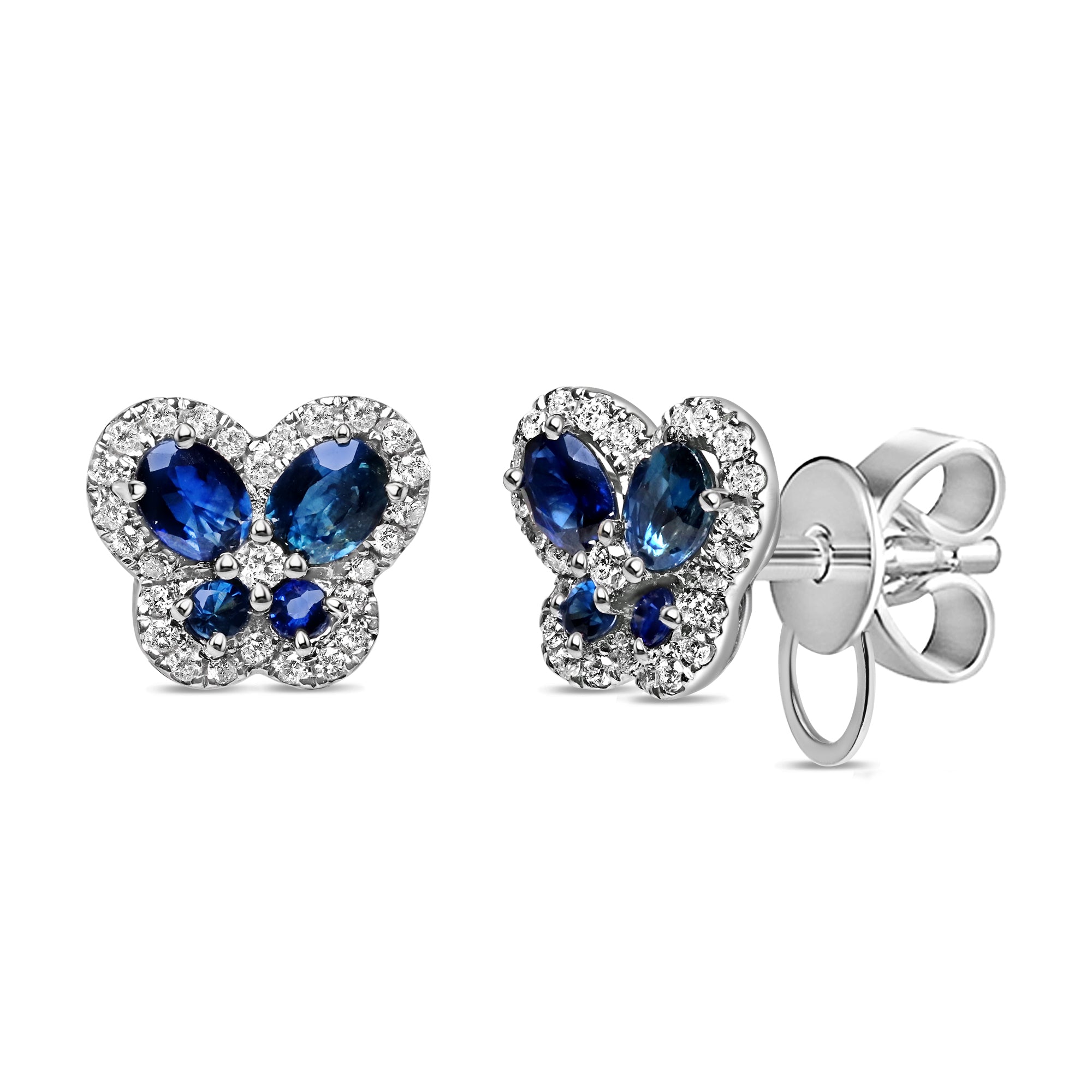 Blue sapphire and diamond butterfly stud earrings in 14K white gold featuring sapphire center stones and round diamond accents in a delicate design.