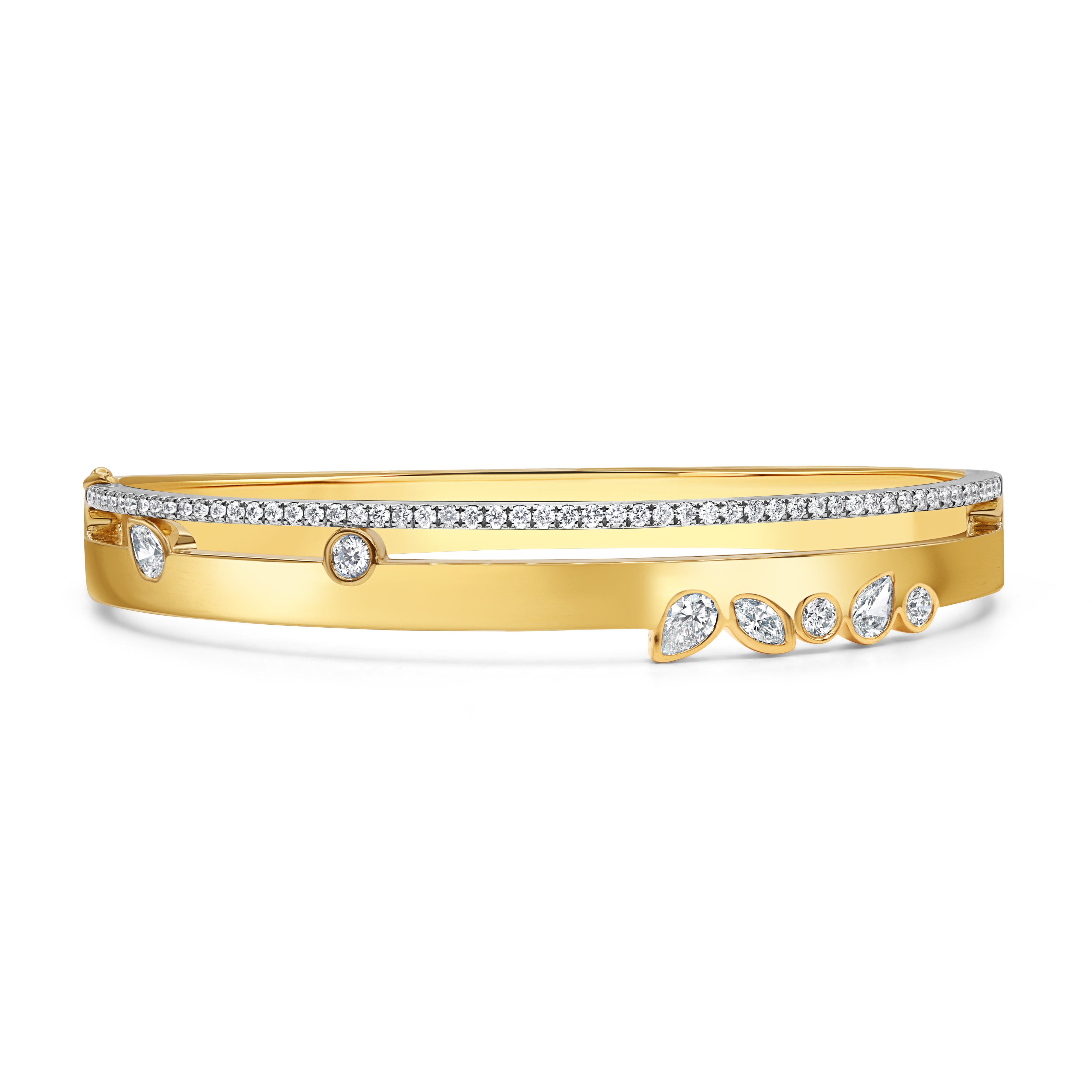 18K two-tone gold bangle featuring layered diamond detailing with pavé and bezel-set accents.