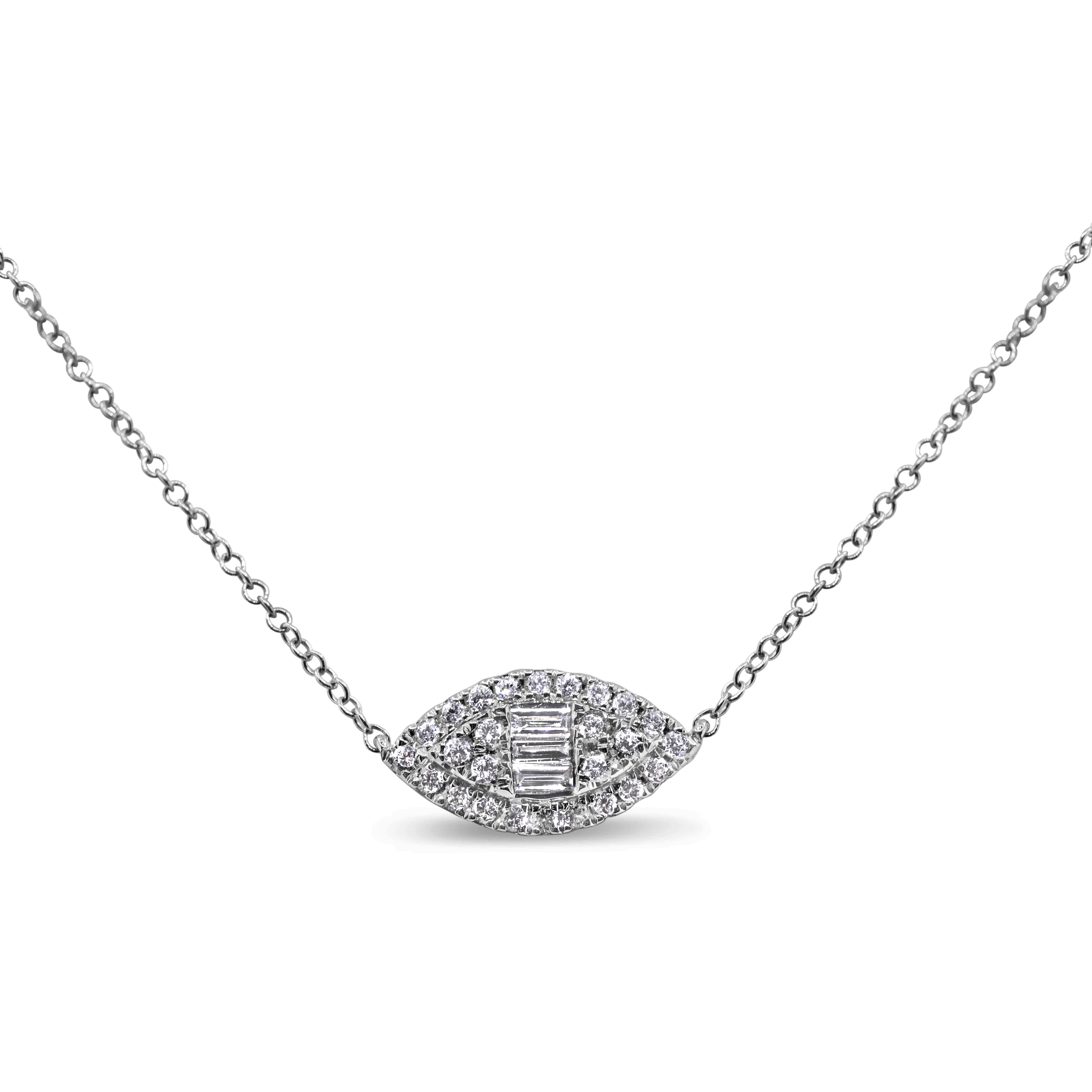 14K gold marquise pendant featuring baguette and round brilliant diamonds in a refined cluster design.