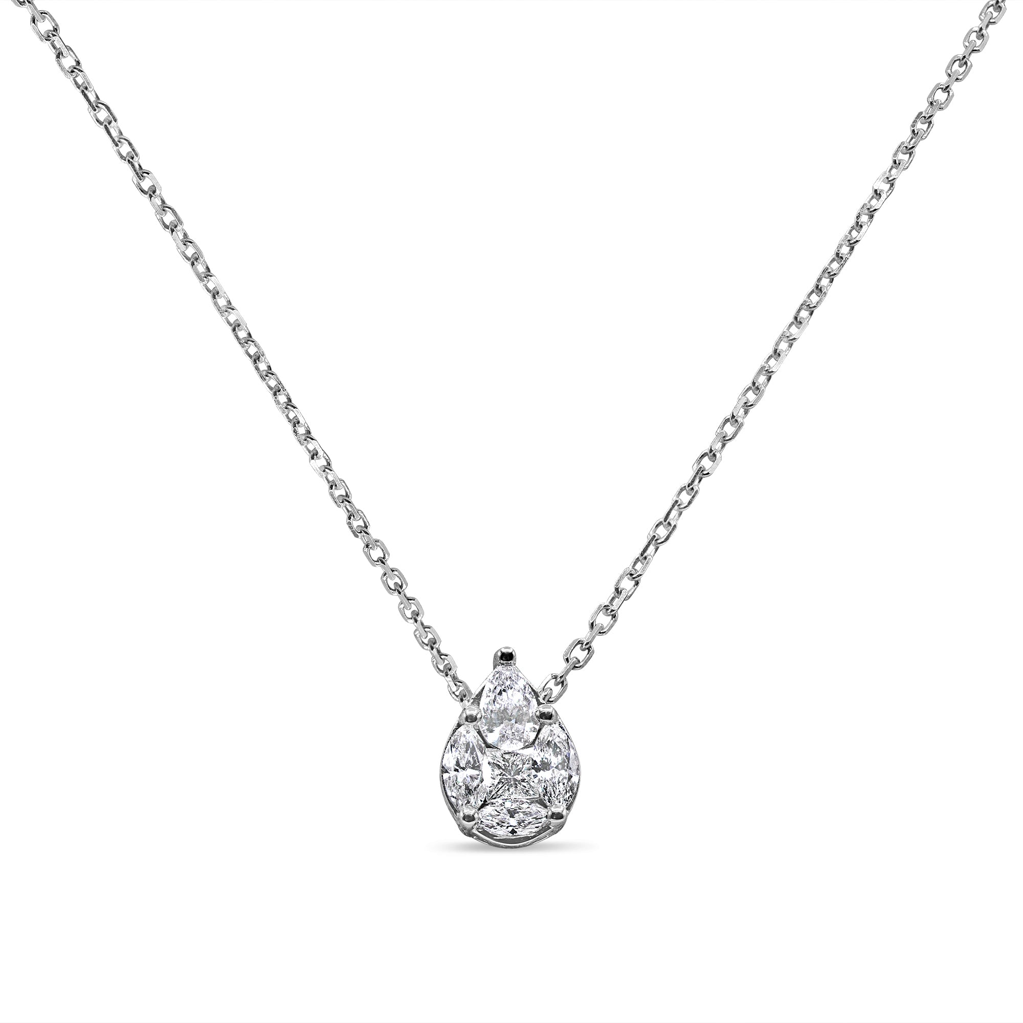 14K white gold floating diamond pendant featuring a cluster of pear, marquise, and princess cut diamonds.