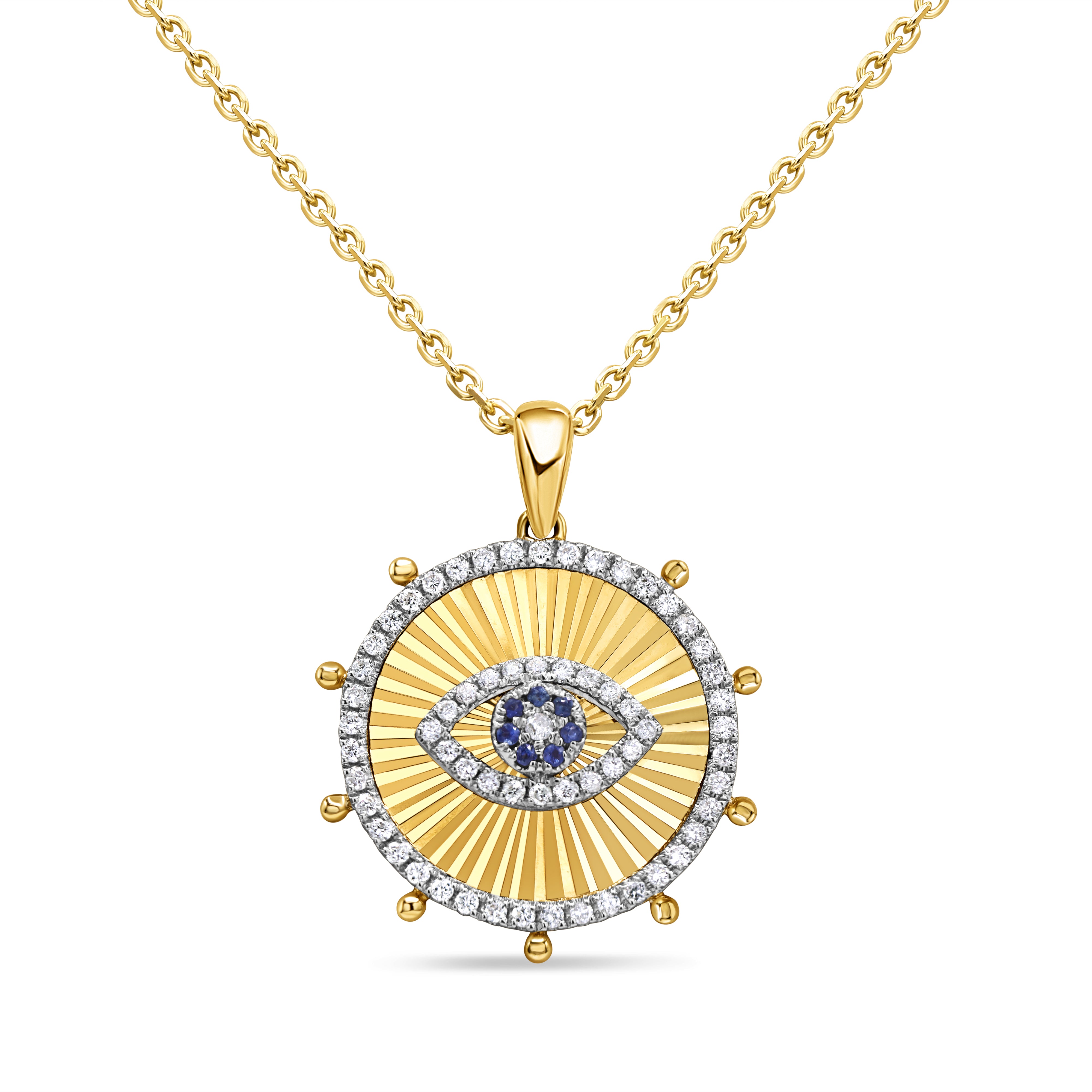 14K gold evil eye pendant featuring blue sapphires and pavé-set round diamonds in a modern symbolic design.