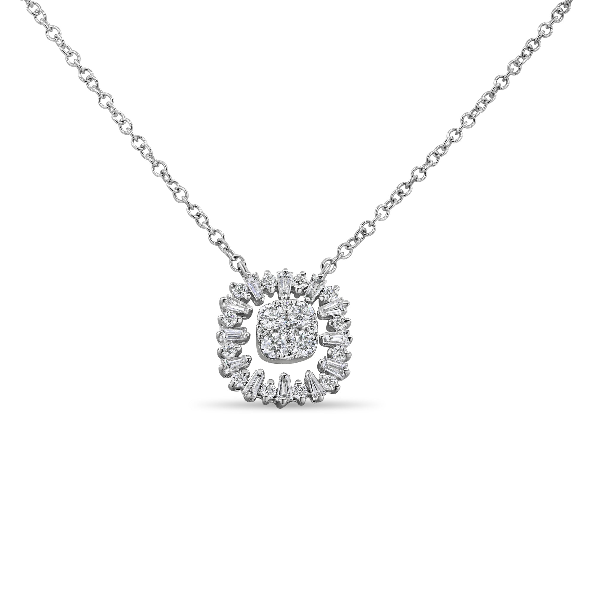 Floating baguette and round diamond pendant in 14K gold featuring a halo design with brilliant diamond accents in a modern style.