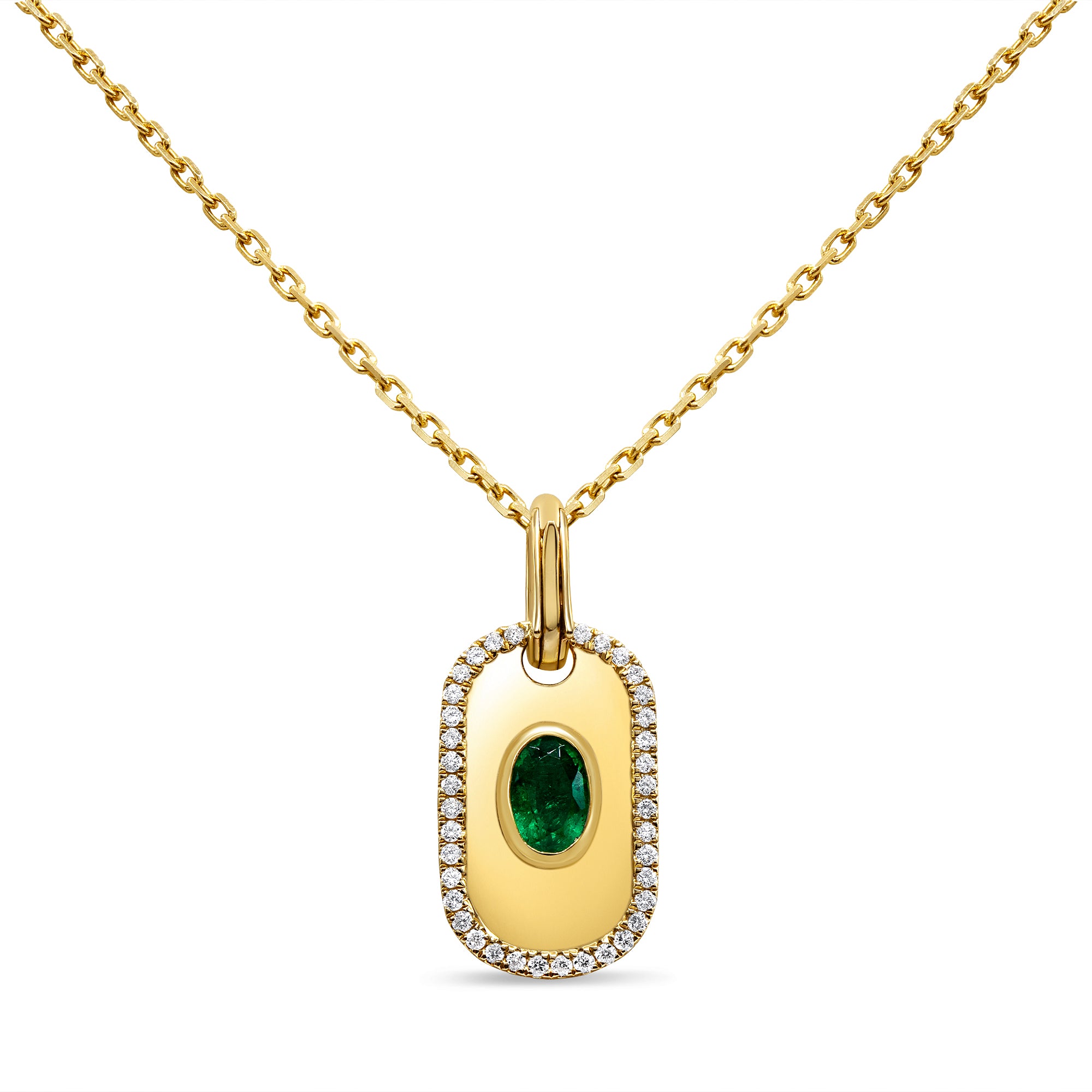 14K yellow gold charm featuring a green emerald surrounded by a round brilliant diamond halo.