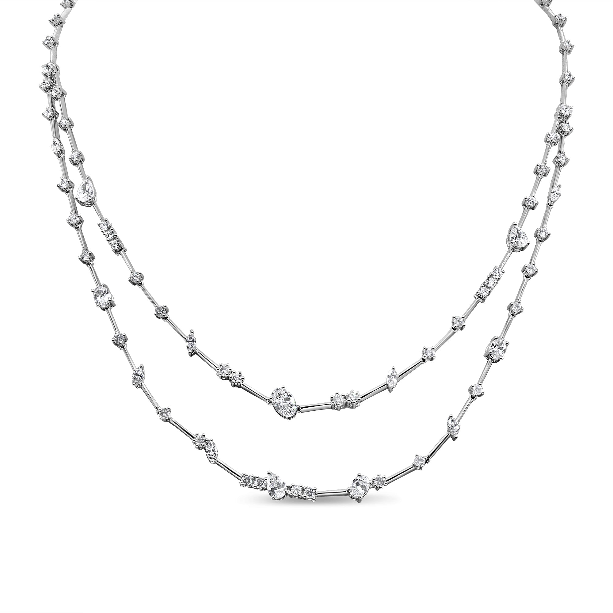 Elegant multi-shape diamond necklace with prong-set marquise, pear, and round diamonds totaling 3.31 carats.