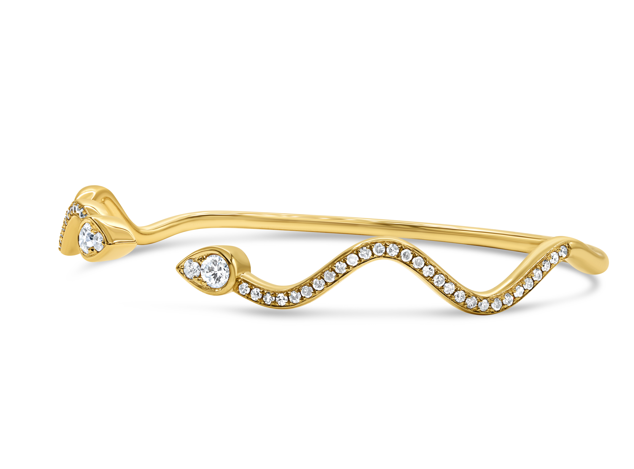Wave diamond bangle in 14K gold featuring pear-shaped diamond clusters with round brilliant pavé accents in a modern, elegant design.